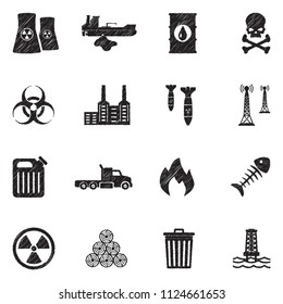 Pollution Icons. Black Scribble Design. Vector Illustration.
