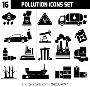 Pollution icons black set with garbage factories cars smoking plants isolated vector illustration