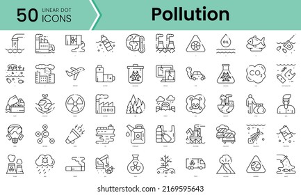 contaminación Paquete de iconos. Iconos de estilo punto lineal. Ilustración del vector