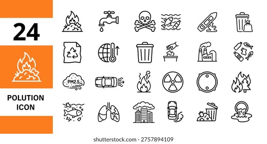 Pollution icons: fire, skull, trash can, recycle, oil barrel, factory, water pollution, air pollution, pollution icon