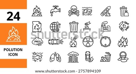 Pollution icons: fire, skull, trash can, recycle, oil barrel, factory, water pollution, air pollution, pollution icon