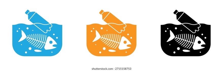Pollution icons with fish skeleton and plastic bottle
