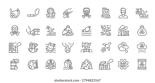 Pollution icons in line design. pollution, environment, waste, smoke, emissions, plastic, contamination on white background vector. Pollution editable stroke icons.