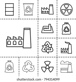 Pollution icons. set of 13 editable outline pollution icons such as factory, trash bag, barrel, radiation, recycle
