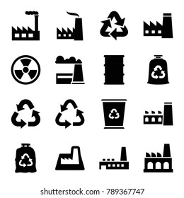 Pollution icons. set of 16 editable filled pollution icons such as factory, recycle, trash bag, barrel, radiation