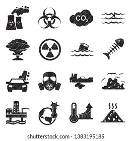 Pollution Icons. Set 2. Black Scribble Design. Vector Illustration.