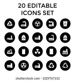 Pollution icons. set of 20 editable filled pollution icons such as factory, recycle, trash bag, barrel, radiation. best quality pollution elements in trendy style.