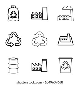 Pollution icons. set of 9 editable outline pollution icons such as factory, recycle, trash bag, recycle bin