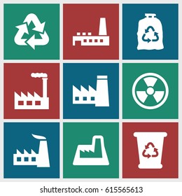 Pollution icons set. set of 9 pollution filled icons such as factory, recycle bin, trash bag, recycle