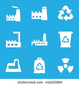 Pollution icons set. set of 9 pollution filled icons such as factory, recycle bin, trash bag, recycle