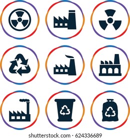 Pollution icons set. set of 9 pollution filled icons such as factory, recycle bin, trash bag, recycle