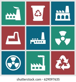 Pollution icons set. set of 9 pollution filled icons such as recycle bin, factory, recycle