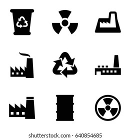 Pollution icons set. set of 9 pollution filled icons such as factory, recycle bin, barrel, recycle
