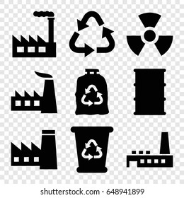 Pollution icons set. set of 9 pollution filled icons such as factory, recycle bin, recycle, trash bag, barrel
