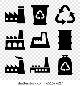 Pollution icons set. set of 9 pollution filled icons such as factory, recycle bin, recycle, trash bag