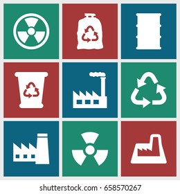 Pollution icons set. set of 9 pollution filled icons such as factory, recycle bin, recycle, trash bag, barrel