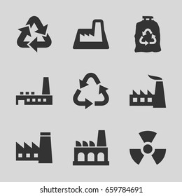 Pollution icons set. set of 9 pollution filled icons such as factory, recycle, trash bag