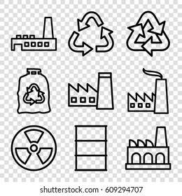 Pollution icons set. set of 9 pollution outline icons such as factory, recycle, trash bag, barrel