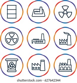 Pollution icons set. set of 9 pollution outline icons such as factory, recycle bin, barrel