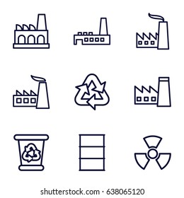 Pollution icons set. set of 9 pollution outline icons such as factory, recycle bin, barrel, recycle