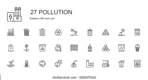 pollution icons set. Collection of pollution with factory, global warming, ozone layer, reservoir, drought, industry, barrel, radiator. Editable and scalable pollution icons.