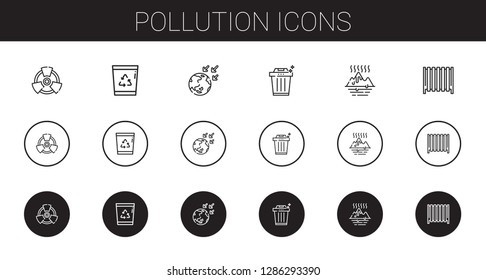 pollution icons set. Collection of pollution with radiation, recycle bin, global warming, trash, radiator. Editable and scalable pollution icons.