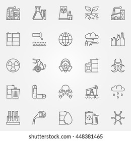 Pollution icons set - vector linear environmental pollution symbols. Soil and radioactive contamination signs in thin line style