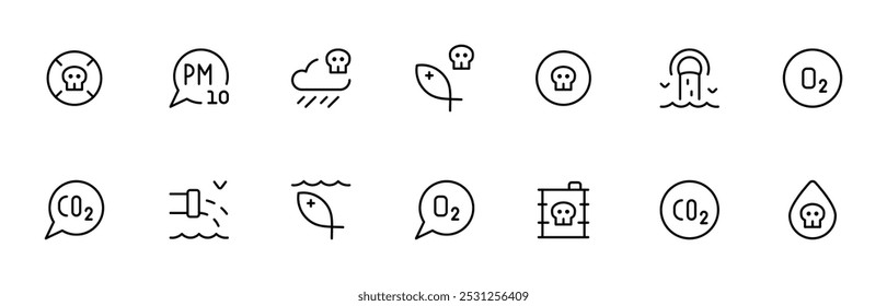 Verschmutzungssymbole. wie, Rauch, Staub, Gas, o2, CO2, pm10, Industrieabfall-Symbol. Flat Vektor und Illustration, Grafik, editierbarer Strich. Geeignet für Website-Design, Logo, App, Vorlage und ui ux