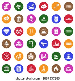 Pollution Icons. White Flat Collection In Circle. Vector Illustration.