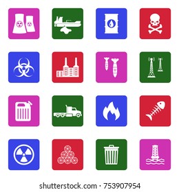 Pollution Icons. White Flat Design In Square. Vector Illustration. 
