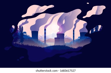 Pollution illustration. Landscape with polluting industry sending smoke in to the atmosphere. Global warming and climate change concept. Vector.