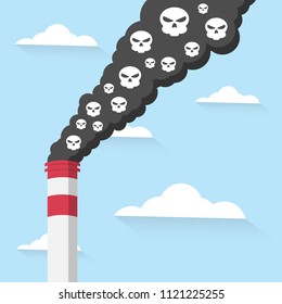 Pollution from industrial chimney with skull smoke, Flat design, Vector illustration.
