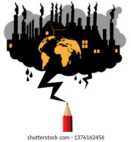 Pollution industrial concept.Black cloud and lightning drawing by red pencil concept.Cloud copy space for text Education and industrial theme. 
