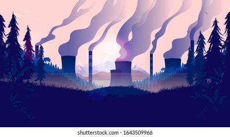 Pollution landscape - Nature environment with factories and large pipes sending smoke in to the atmosphere. Destroying the eco system, polluting, environmental and climate change concept.