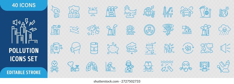 Conjunto de ícones editáveis da linha de poluição. Contém poluição do ar, poluição da água, microplásticos, lixo, gás, elementos tóxicos, resíduos industriais, símbolos de mudança climática e ecologia e muito mais.