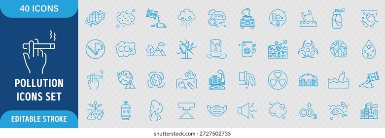Conjunto de ícones editáveis da linha de poluição. Contém poluição do ar, poluição da água, microplásticos, lixo, gás, elementos tóxicos, resíduos industriais, símbolos de mudança climática e ecologia e muito mais.