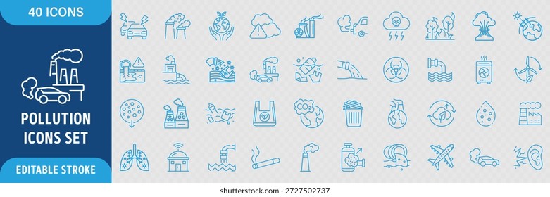 Conjunto de ícones editáveis da linha de poluição. Contém poluição do ar, poluição da água, microplásticos, lixo, gás, elementos tóxicos, resíduos industriais, símbolos de mudança climática e ecologia e muito mais.
