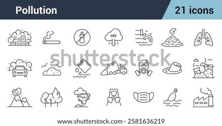 Pollution Line Editable Icons set. Includes pollution , CO2, mask, air filter, air, purifier, car exhaust, indoor air quality, smog, Solid, vector illustration.