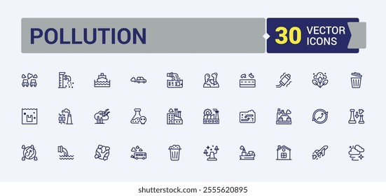 Pollution line icon collections. Containing ecology, water, mask, waste, damage, smell and more. Outline symbol collection. Editable vector outline and solid icons.