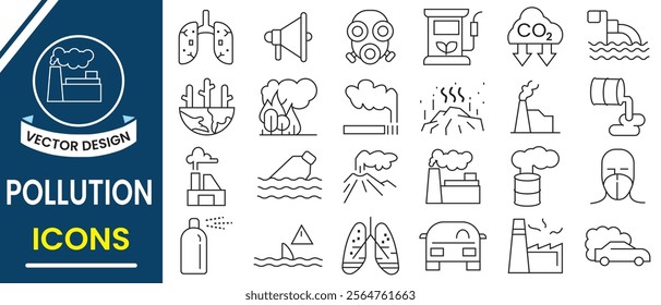 Pollution line icon, industrial waste, dust, noise pollution, air pollution, 
 protection, green energy,  plastic. Pollution icon, vector set. Vector illustration.