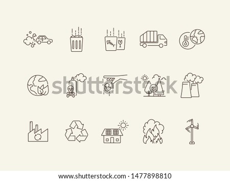 Pollution line icon set. Exhaust fumes, waste bin, factory, fire hazard. Environment concept. Can be used for topics like global ecology, nature, ecological disaster