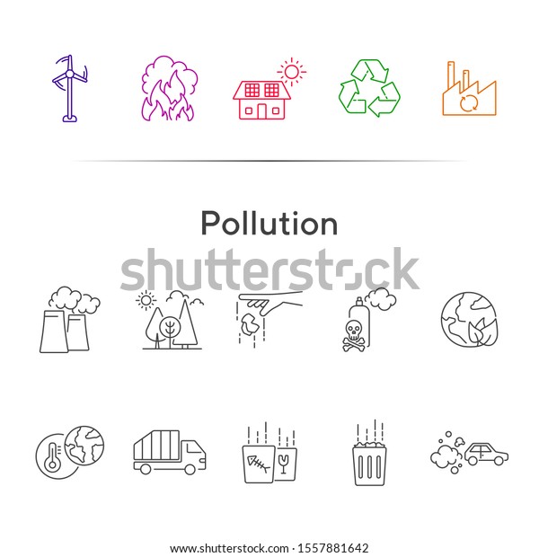 Pollution line icon set.\
Exhaust fumes, waste bin, factory, fire hazard. Environment\
concept. Can be used for topics like global ecology, nature,\
ecological disaster