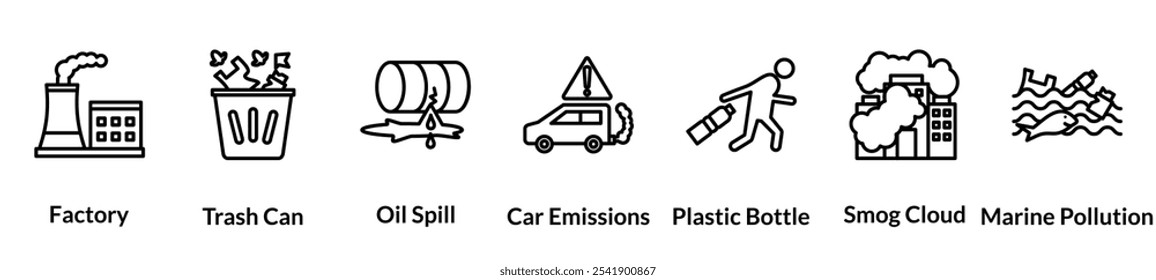 Conjunto de iconos de línea de contaminación. fábrica, bote de basura, derrame de petróleo, emisiones de automóviles, botella de plástico, nube de smog, contaminación marina