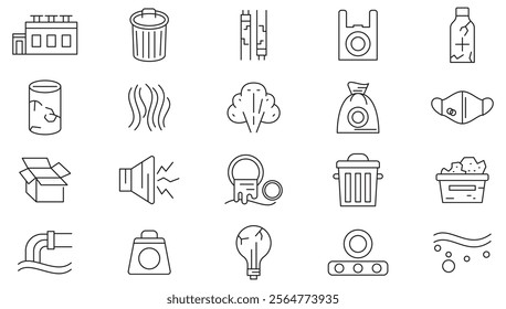 Pollution line icon set. garbage, dump, refuse, bin, sweep, litter, particles, respiratory hazard, dust dispersion, polluted atmosphere, microscopic line icon set. UI thin line icon pack.