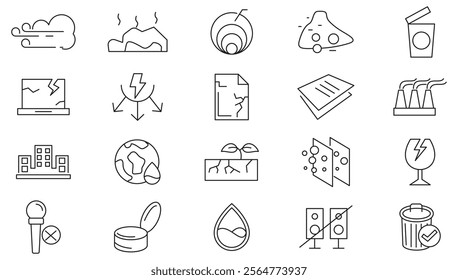 Pollution line icon set. garbage, dump, refuse, bin, sweep, litter, particles, respiratory hazard, dust dispersion, polluted atmosphere, microscopic line icon set. UI thin line icon pack.