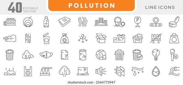 Pollution line icon set. garbage, dump, refuse, bin, sweep, litter, particles, respiratory hazard, dust dispersion, polluted atmosphere, microscopic line icon set. UI thin line icon pack.