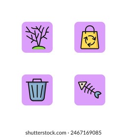 Conjunto de iconos de línea de contaminación. Arbusto marchito, esqueleto de pescado, residuos y reciclaje. Mal concepto ecológico. Ilustración vectorial para el Diseño web