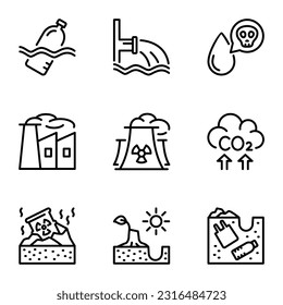 pollution line icons set. nuclear, warming, pollution, gas, problem, atmosphere, damage, dust, global, smoke, factory, carbon, eco, outline, dioxide, effect, radiation, chemical, industrial