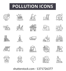 Pollution line icons, signs set, vector. Pollution outline concept, illustration: pollution,factory,environment,smoke,ecology,earth,plant,cloud