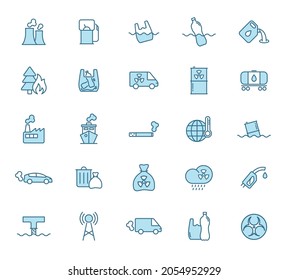 pollution line vector icons in two colors isolated on white background. pollution blue icon set for web design, ui, mobile apps, print polygraphy and promo advertising business